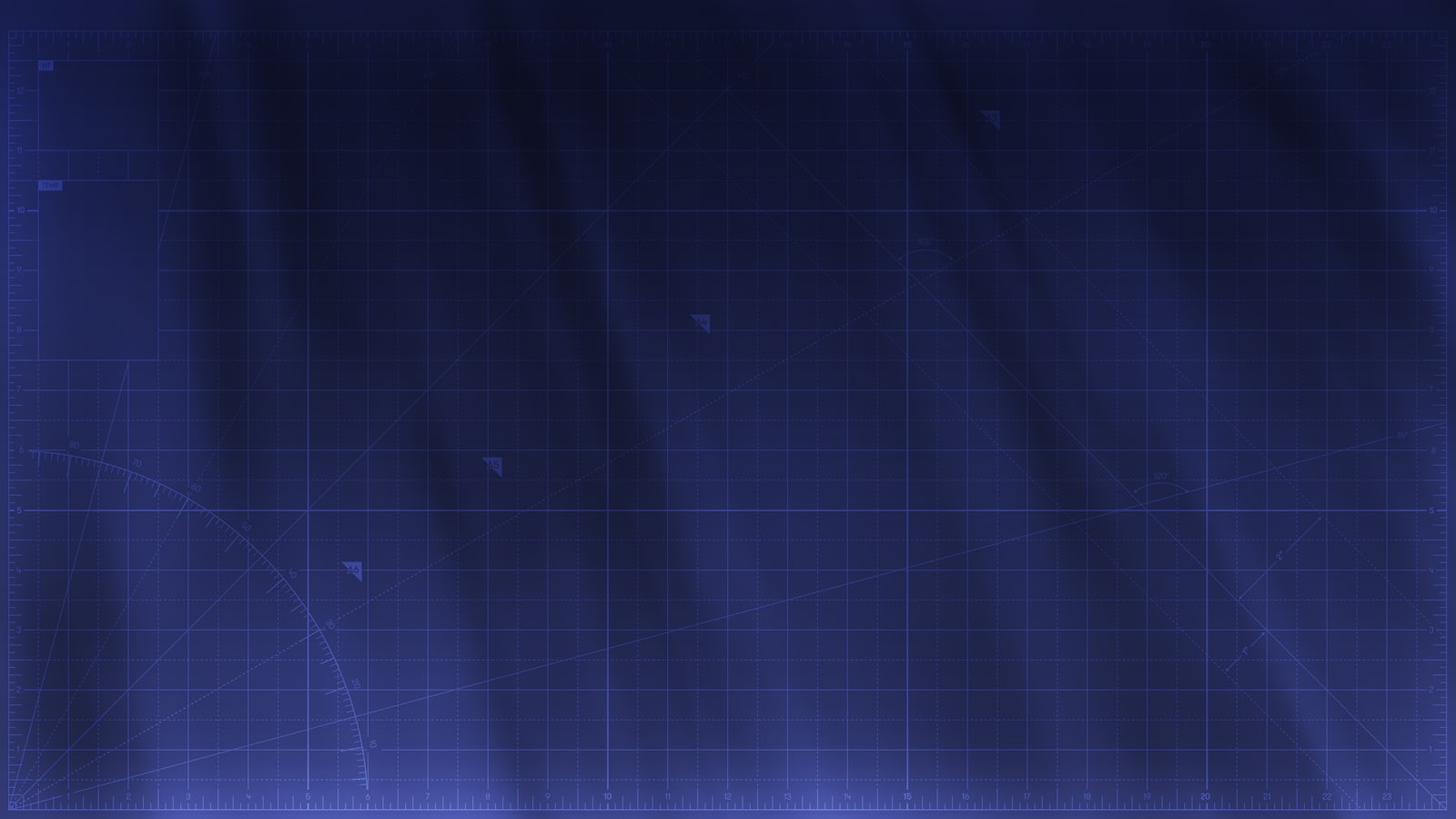 Dark blue technical blueprint grid with measurement scales