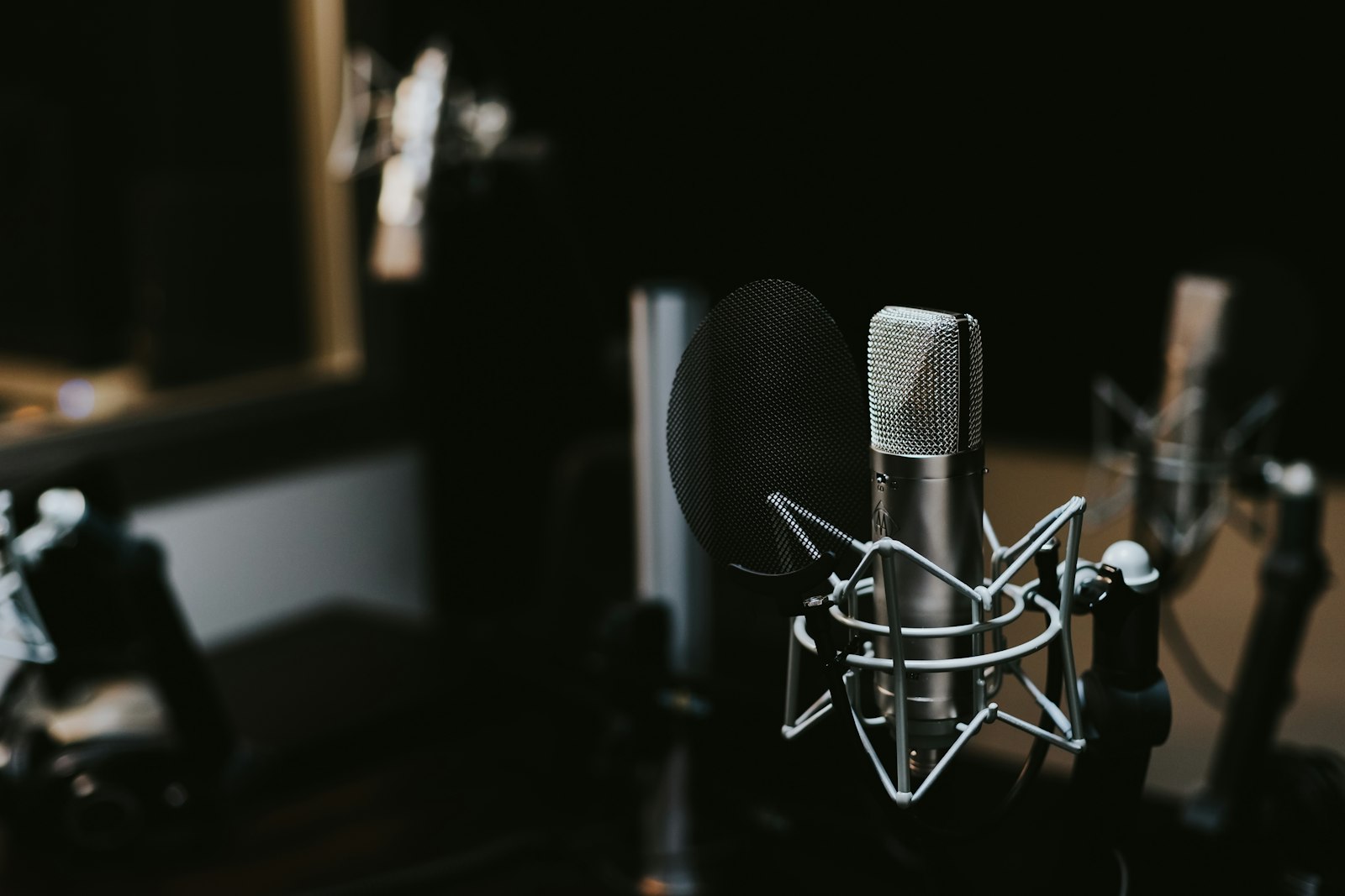 Close-up of a studio condenser microphone