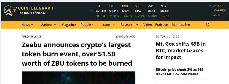 Zeebu's token burn announcement covered on Cointelegraph